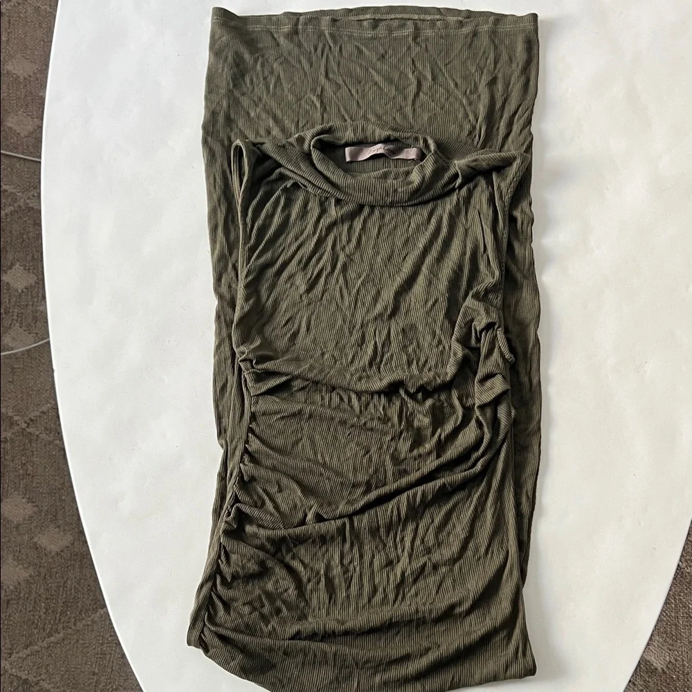 ENZA COSTA Silk Blend Knit Sleeveless Twist Ruched Midi Dress Army Green L $260
